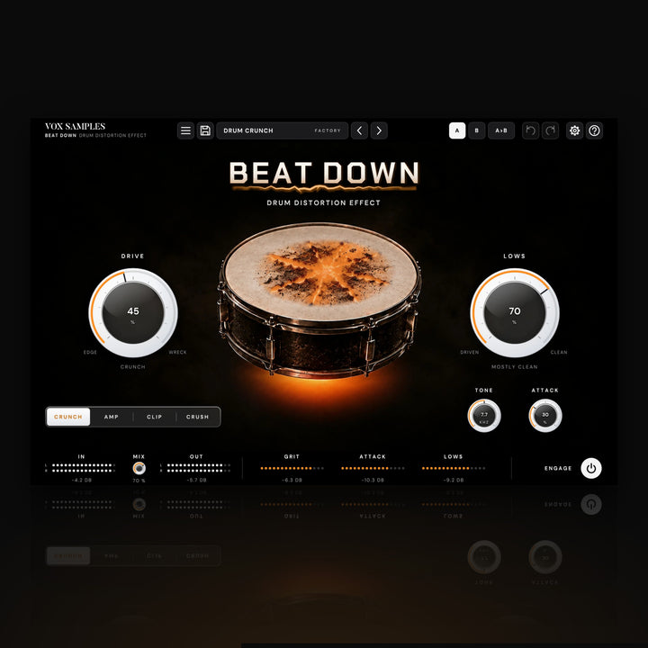 Beat Down Drum Distortion Effect by Vox Samples, the drum distortion plugin: a snare drum in the dark, its head torn open by glowing orange cracks, an orange glow under the shell, the BEAT DOWN wordmark, and two big white knobs, DRIVE and LOWS.