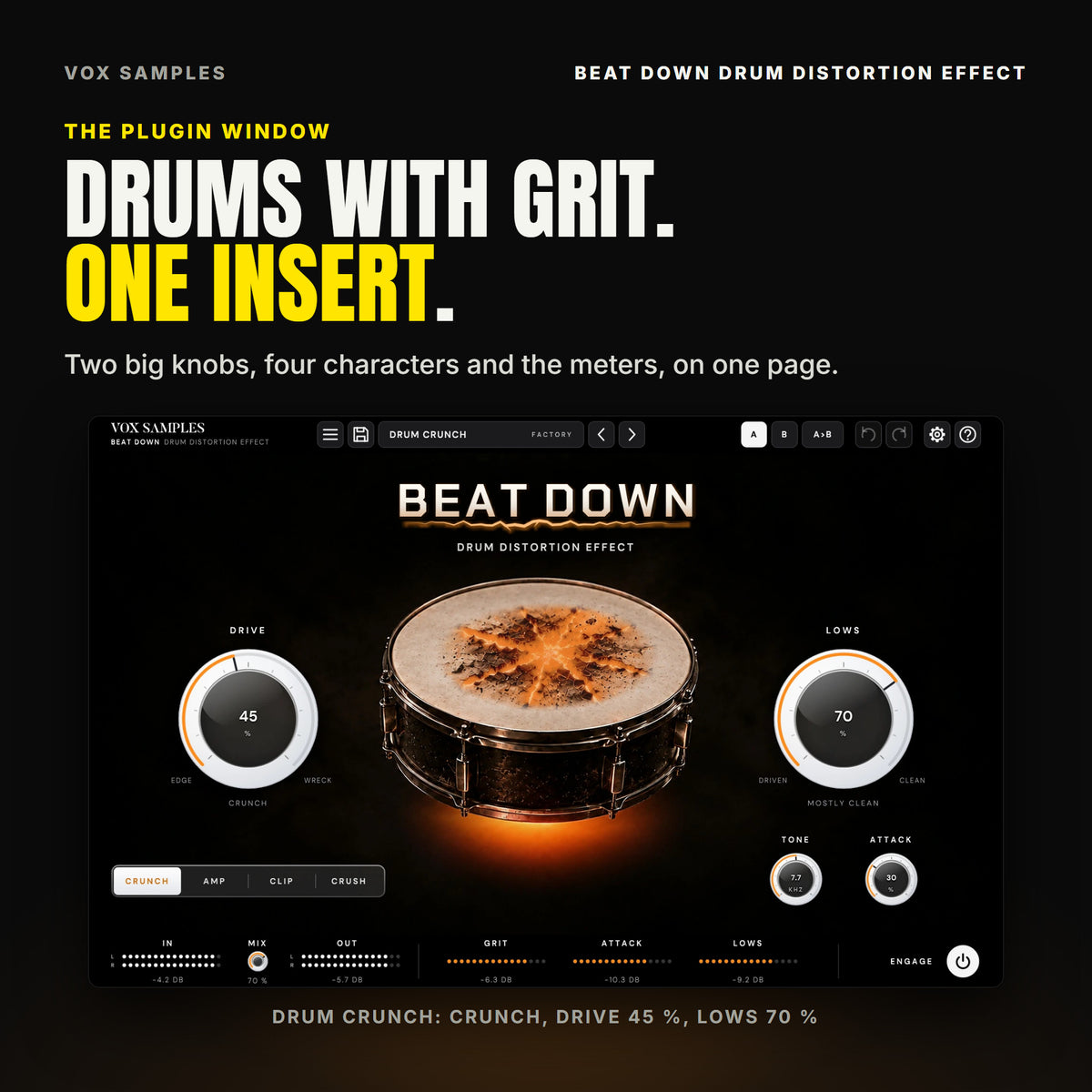 The whole Beat Down Drum Distortion Effect window on Drum Crunch: a snare drum in the dark, its head torn by glowing orange cracks, an orange glow under the shell, the BEAT DOWN wordmark at the top, the big white DRIVE knob at 45 % (CRUNCH) on the left and LOWS at 70 % (MOSTLY CLEAN) on the right, CRUNCH lit on the TYPE keys under DRIVE, TONE at 7.7 KHZ and ATTACK at 30 % under LOWS, and IN, MIX at 70 %, OUT, the GRIT, ATTACK and LOWS meters and ENGAGE along the bottom.