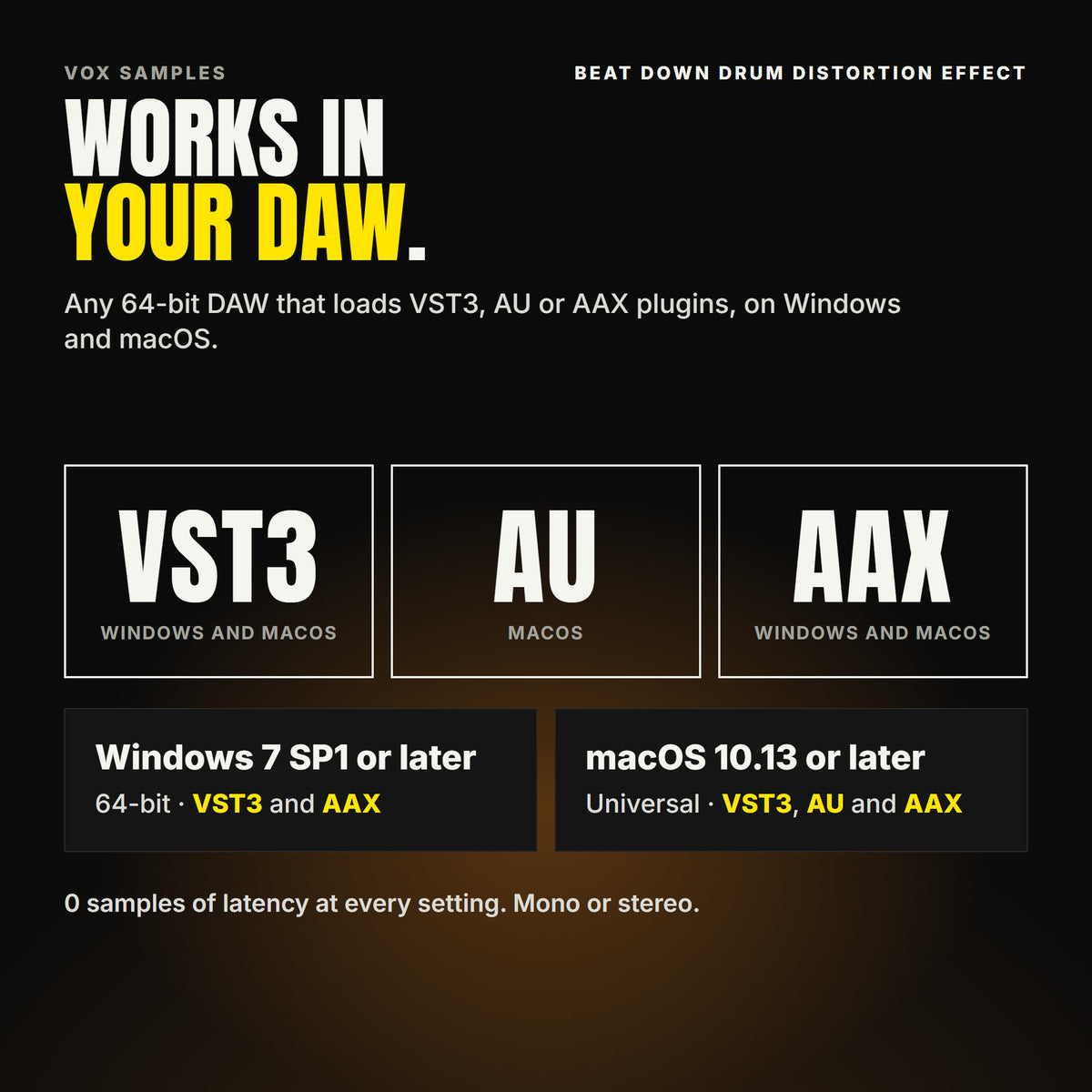 Beat Down Drum Distortion Effect formats: VST3, AU and AAX. Windows 7 SP1 or later, 64-bit: VST3 and AAX. macOS 10.13 or later, universal (Intel and ARM): VST3, AU and AAX. Works in any 64-bit DAW that loads VST3, AU or AAX plugins. 0 samples of latency at every setting. Mono or stereo.
