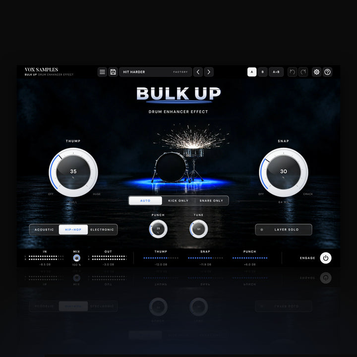 Bulk Up Drum Enhancer Effect by Vox Samples, the drum enhancer plugin: a kick and a snare on a dark stage, a pool of blue light in the floor under the kick and sparks over the snare, the white BULK UP wordmark, and two big white knobs, THUMP and SNAP.