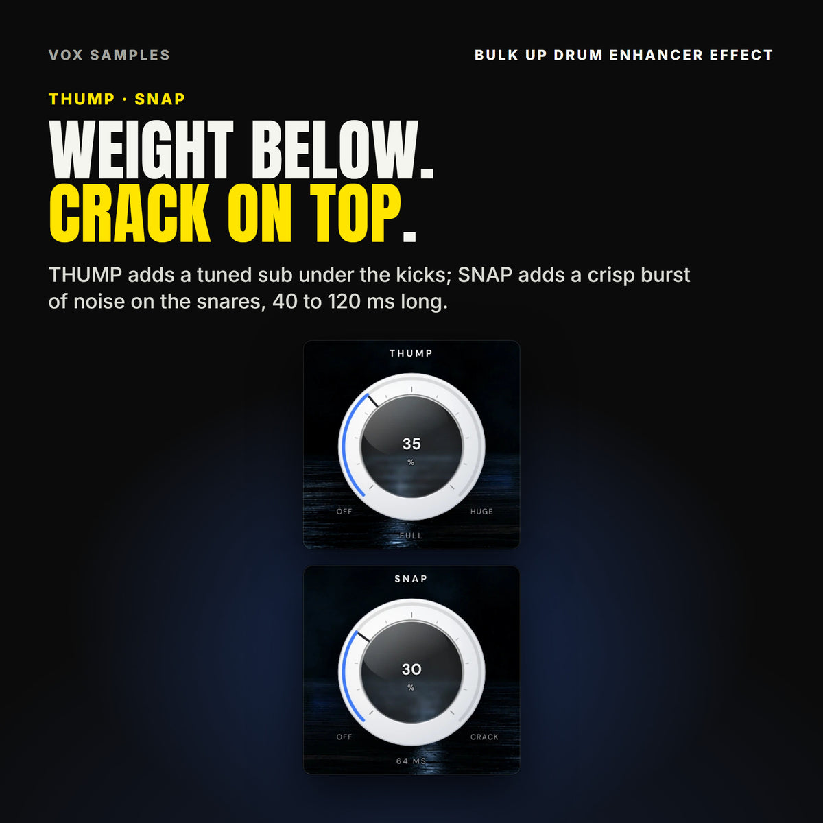 Bulk Up's two big knobs on Hit Harder: THUMP at 35 %, reading FULL, between OFF and HUGE, and SNAP at 30 %, reading 64 MS, between OFF and CRACK.
