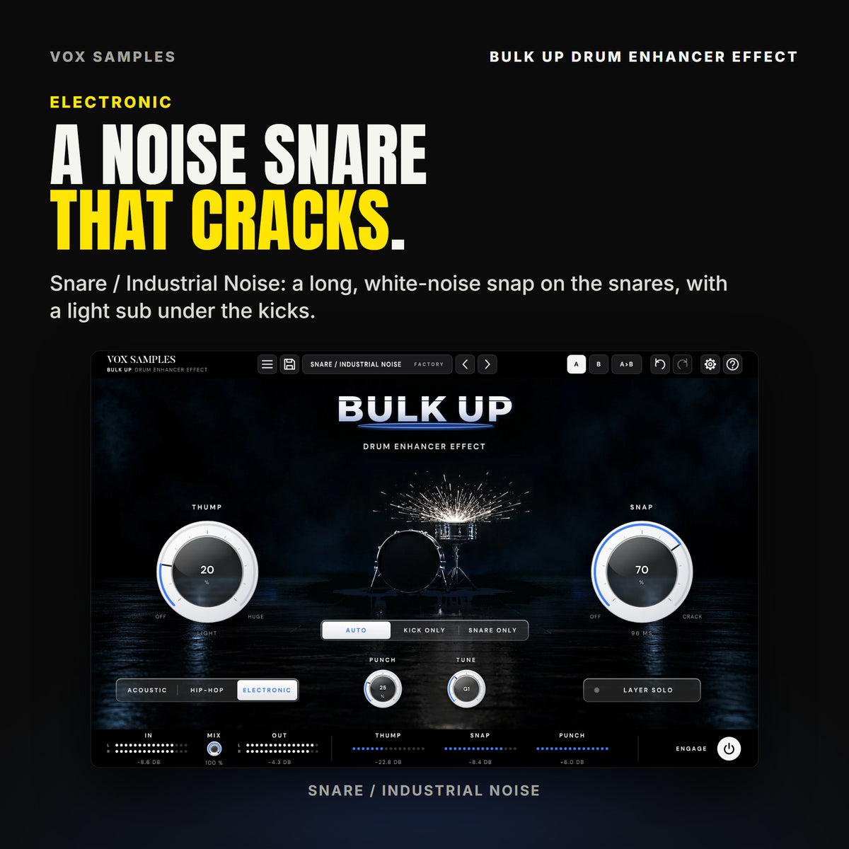 Bulk Up on the Snare / Industrial Noise preset: ELECTRONIC lit, THUMP at 20 % (LIGHT), SNAP at 70 % with a 96 MS burst, PUNCH at 25 % and TUNE on G1, white sparks flying over the snare and the floor under the kick dark.