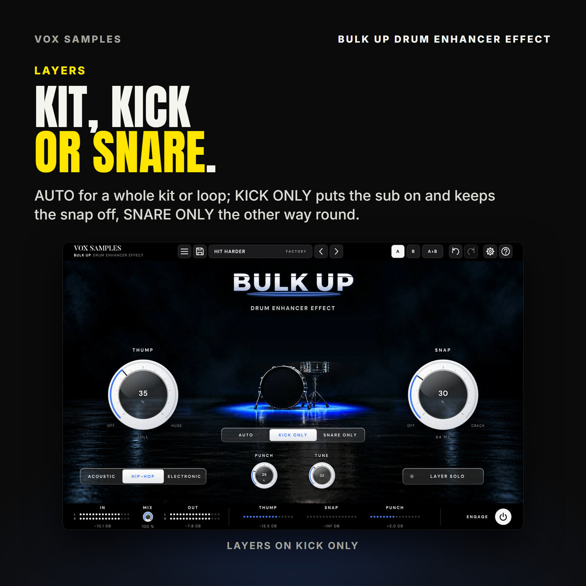 Bulk Up on Hit Harder with LAYERS on KICK ONLY: the blue pulse lit in the floor under the kick and no sparks over the snare, THUMP at 35 % (FULL), SNAP at 30 % (64 MS) and the SNAP meter in the footer reading -INF DB.