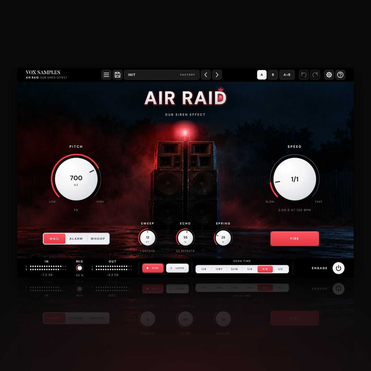 Air Raid Dub Siren Effect by Vox Samples, the dub siren plugin: a speaker stack in a misty night yard with a glowing red beacon, the AIR RAID logo, two big pearl-white knobs, PITCH and SPEED, and the red FIRE key.