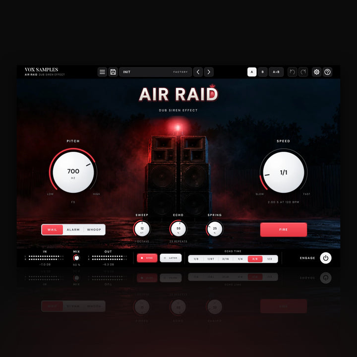 Air Raid Dub Siren Effect by Vox Samples, the dub siren plugin: a speaker stack in a misty night yard with a glowing red beacon, the AIR RAID logo, two big pearl-white knobs, PITCH and SPEED, and the red FIRE key.