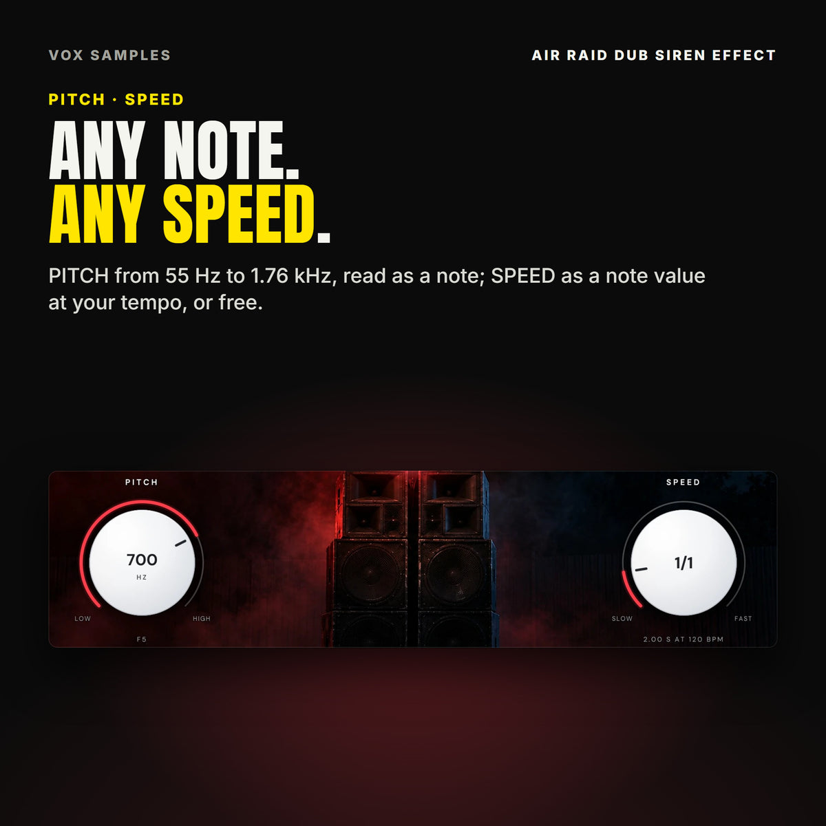 Air Raid's two big knobs with red arcs: PITCH at 700 HZ, reading F5 under it, between LOW and HIGH, and SPEED at 1/1, reading 2.00 S AT 120 BPM, between SLOW and FAST.