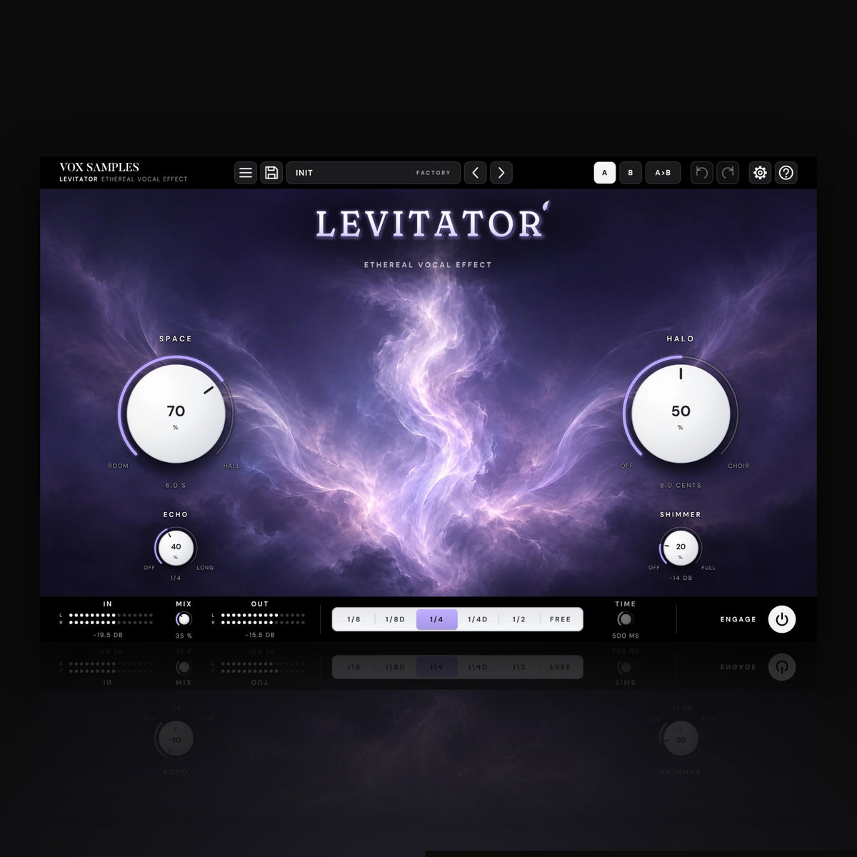 Levitator Ethereal Vocal Effect by Vox Samples, the ethereal vocals plugin: a soft lilac evening sky with a luminous plume of cloud, the LEVITATOR logo, and two big pearl-white knobs, SPACE and HALO.