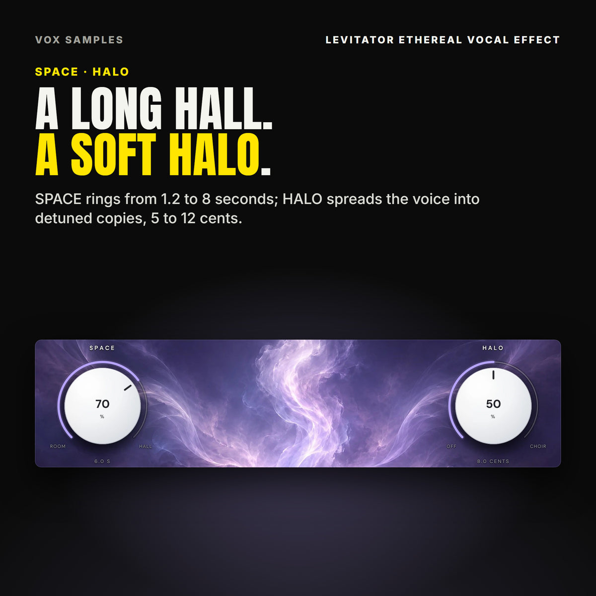 Levitator's two big knobs on Init: SPACE at 70 %, reading 6.0 S, between ROOM and HALL, and HALO at 50 %, reading 8.0 CENTS, between OFF and CHOIR.