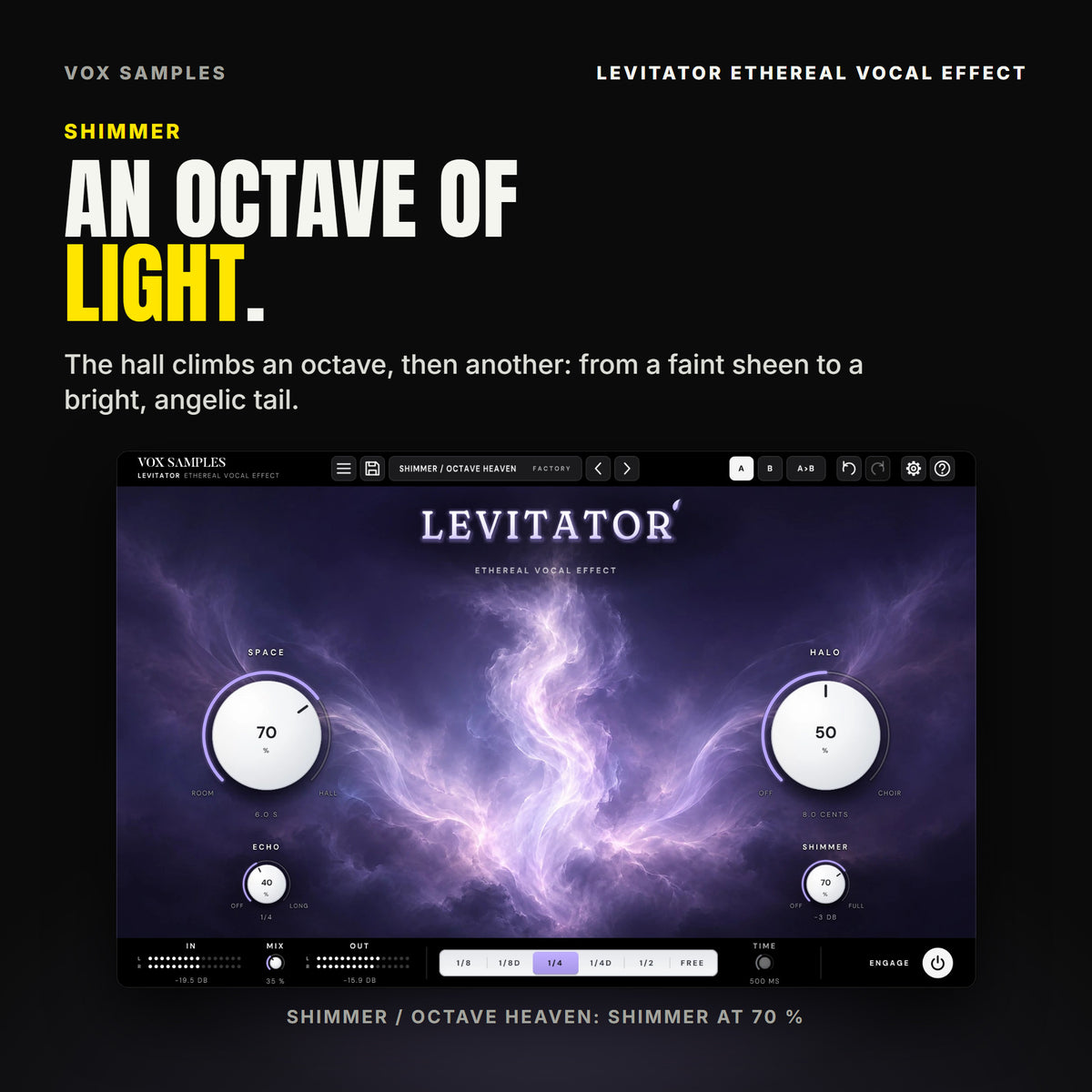 Levitator on the Shimmer / Octave Heaven preset: SHIMMER turned up to 70 %, reading -3 DB, under HALO; SPACE at 70 % (6.0 S), HALO at 50 %, ECHO at 40 % on 1/4, the lilac sky behind.