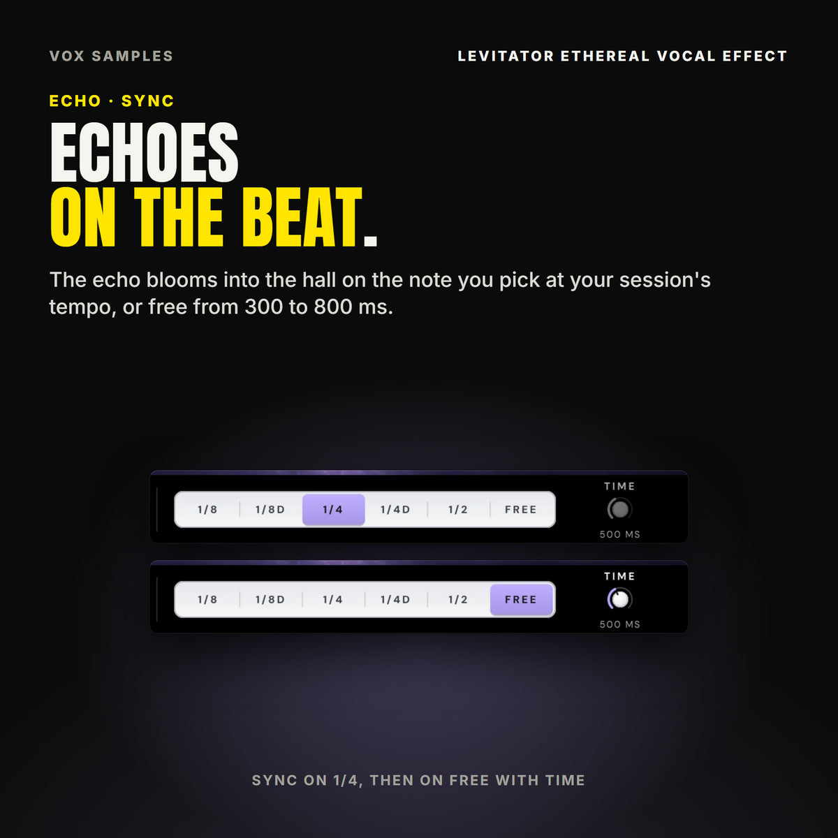 Levitator's footer: the SYNC keys 1/8, 1/8D, 1/4, 1/4D, 1/2 and FREE with 1/4 lit, and the same row with FREE lit and the TIME knob awake at 500 MS.