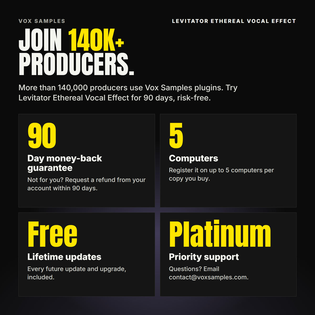 Join 140K+ producers who use Vox Samples plugins. Levitator Ethereal Vocal Effect comes with a 90-day money-back guarantee you claim from your account, registration on up to five of your own computers per copy you buy, free lifetime updates, and Platinum priority support.
