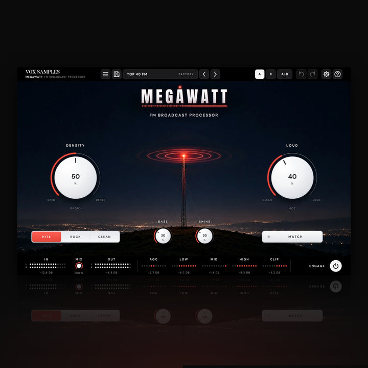 Megawatt FM Broadcast Processor by Vox Samples, the broadcast processor plugin: a steel radio mast on a dark hill at night, its red beacon ringed by signal rings, under the MEGAWATT logo, with two big pearl-white knobs, DENSITY and LOUD.
