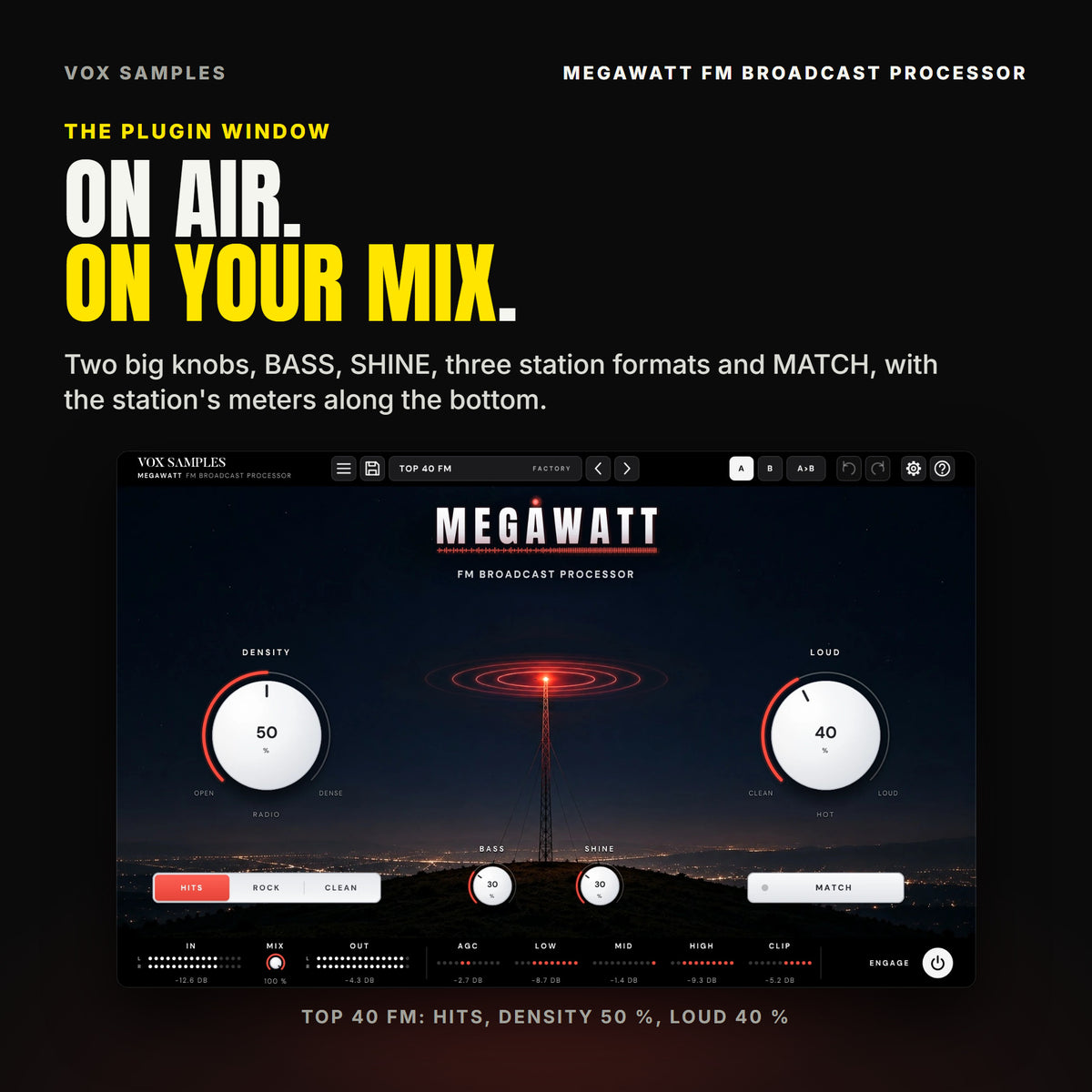 The Megawatt window on Top 40 FM: a steel radio mast on a dark hill at night over a distant city, its red beacon ringed by red signal rings, under the MEGAWATT logo; DENSITY at 50 % (RADIO) and LOUD at 40 % (HOT), BASS and SHINE at 30 %, the HITS, ROCK and CLEAN switch with HITS lit, MATCH, and along the bottom IN, MIX, OUT, the AGC, LOW, MID, HIGH and CLIP meters and ENGAGE.