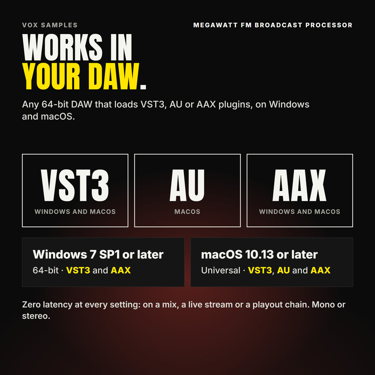 Megawatt FM Broadcast Processor formats: VST3, AU and AAX. Windows 7 SP1 or later, 64-bit: VST3 and AAX. macOS 10.13 or later, universal (Intel and ARM): VST3, AU and AAX. Works in any 64-bit DAW that loads VST3, AU or AAX plugins. Zero latency at every setting: on a mix, a live stream or a playout chain. Mono or stereo.