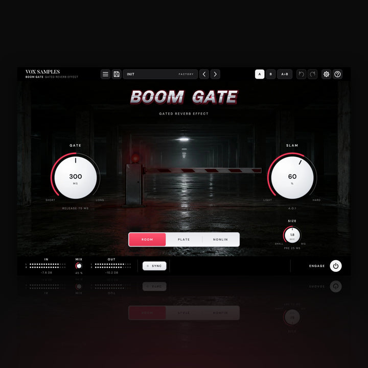 Boom Gate Gated Reverb Effect by Vox Samples, the gated reverb plugin: a closed boom gate with its red warning lamp in a huge, dark underground car park, the chrome BOOM GATE logo, and two big pearl-white knobs, GATE and SLAM.