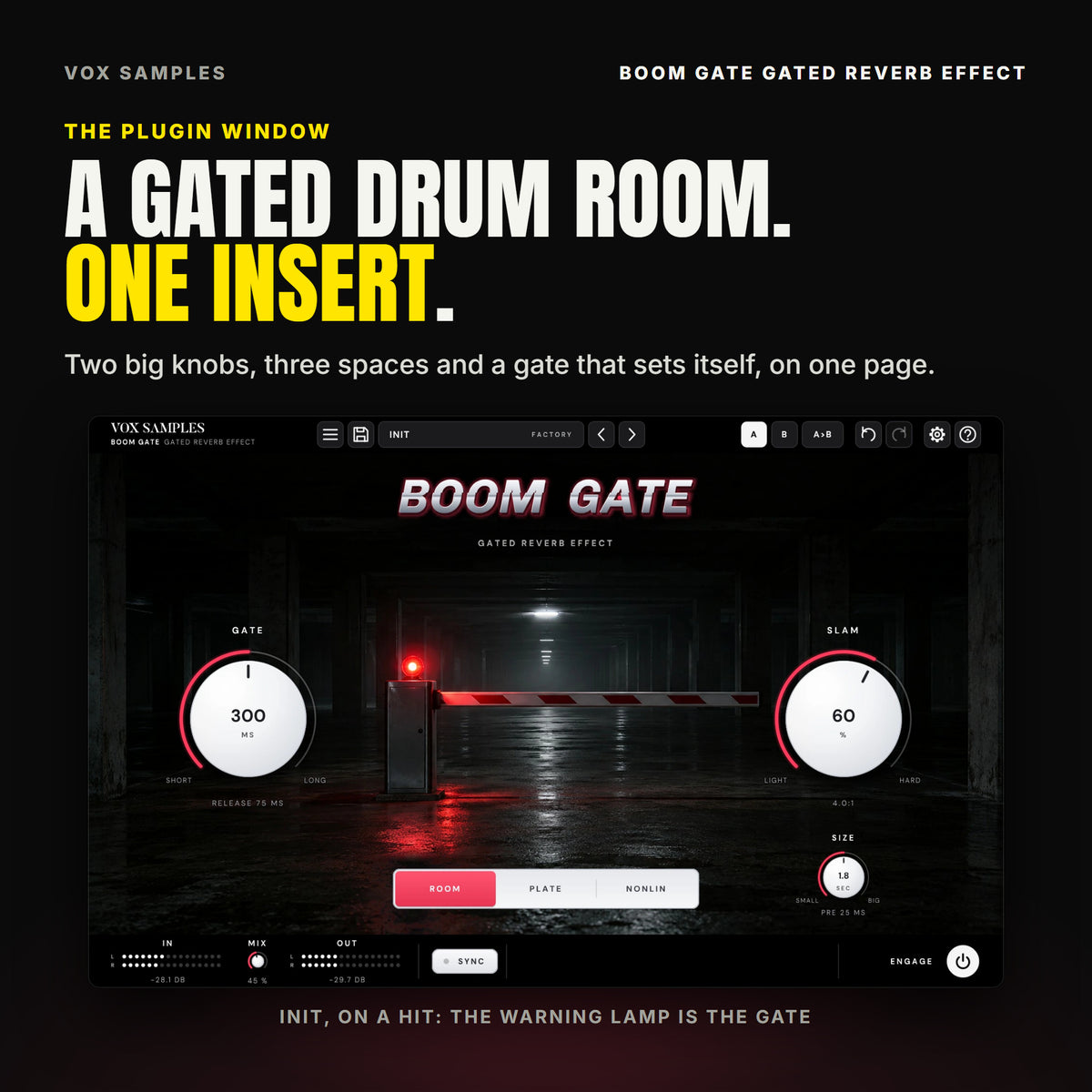 Boom Gate on Init the moment a drum hits: the boom gate's red warning lamp lights the barrier and the wet floor while the gate is open; it snaps off when the gate cuts. GATE reads 300 MS, SLAM 60 %, SIZE 1.8 SEC, ROOM lit.