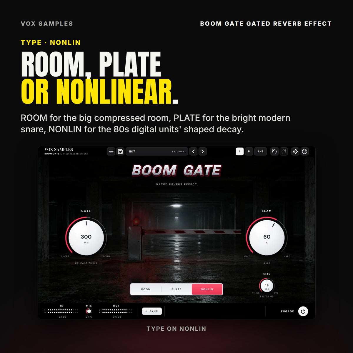 Boom Gate with TYPE on NONLIN, the third key lit red under the barrier: GATE at 300 MS, SLAM at 60 %, SIZE at 1.8 SEC, the far lights of the car park glowing behind the boom gate.