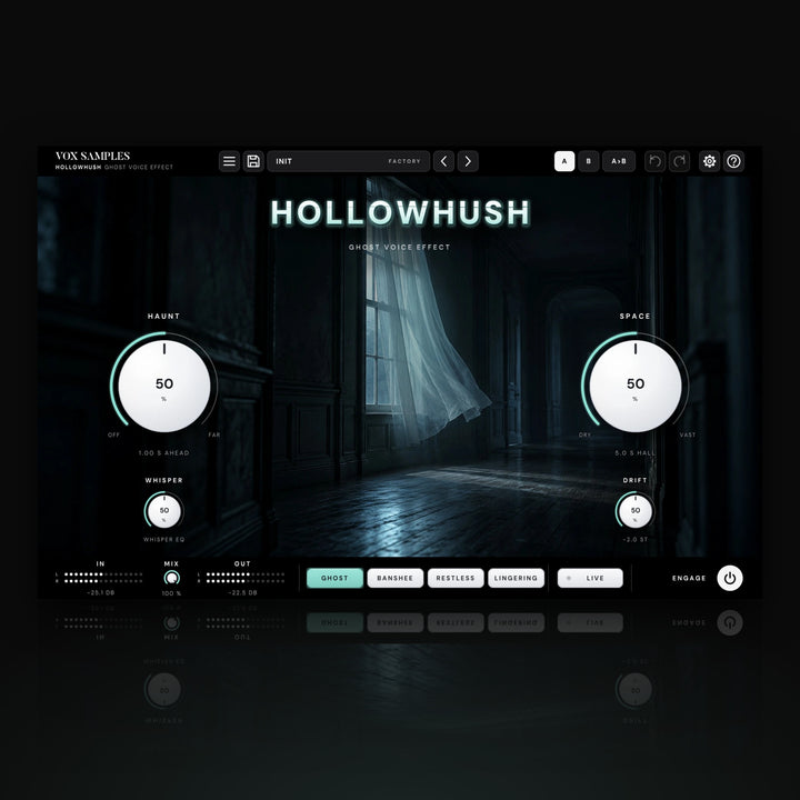 Hollowhush Ghost Voice Effect by Vox Samples, the ghost voice plugin: a sheer pale curtain stirring at a moonlit window in a dark, empty hallway, the HOLLOWHUSH logo, and two big pearl-white knobs, HAUNT and SPACE.