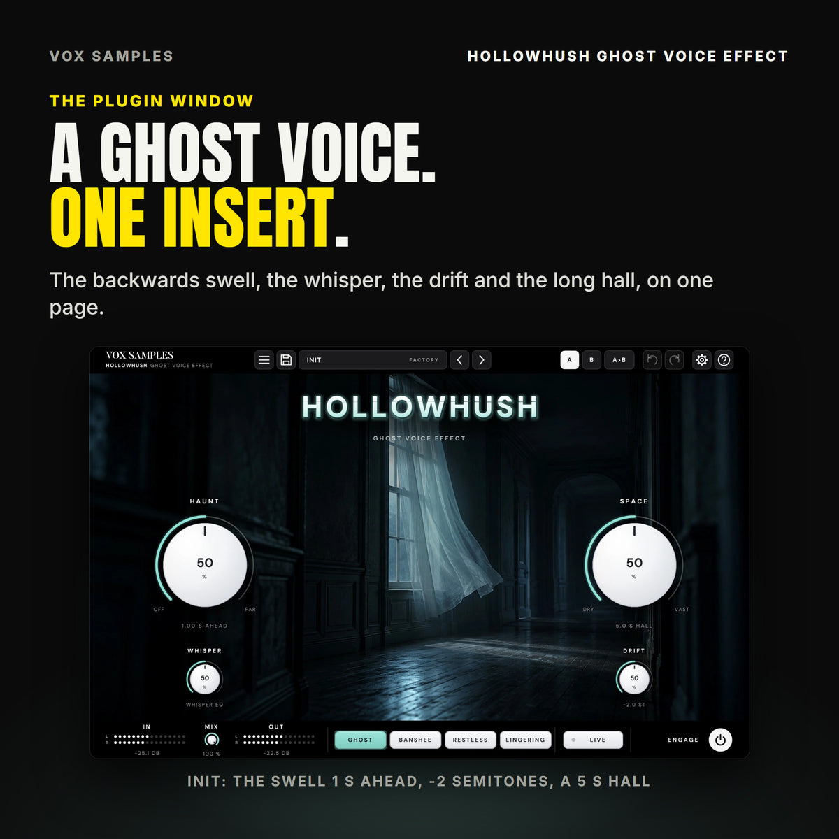 The whole Hollowhush Ghost Voice Effect window on Init: a sheer pale curtain stirring at a moonlit window in a dark, empty hallway, the HOLLOWHUSH logo above it; the big white HAUNT knob at 50 %, 1.00 S AHEAD, on the left and SPACE at 50 %, 5.0 S HALL, on the right; WHISPER at 50 % (WHISPER EQ) and DRIFT at 50 % (-2.0 ST) below them; IN, MIX 100 %, OUT, the GHOST, BANSHEE, RESTLESS and LINGERING keys with GHOST lit, the LIVE key off, and ENGAGE along the bottom.