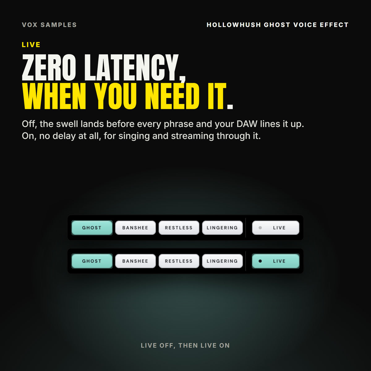 Two close views of Hollowhush's footer: first with the GHOST key lit and the LIVE key off, then the same with the LIVE key lit, for zero latency.