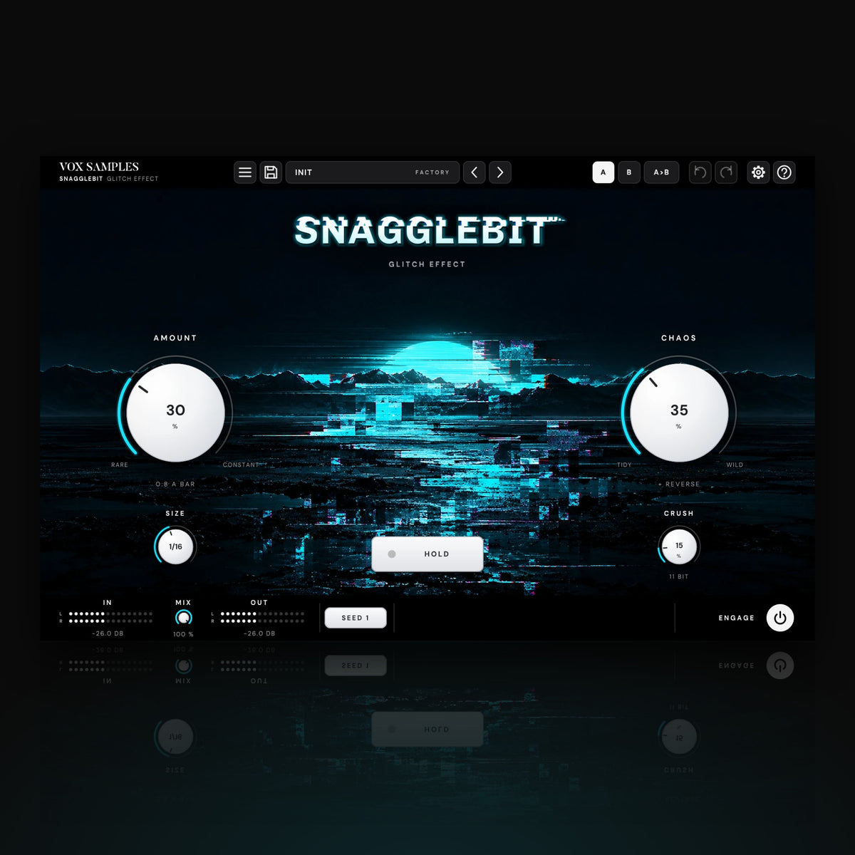 Snagglebit Glitch Effect by Vox Samples, the glitch plugin for audio: a datamoshed neon landscape with a cyan sun, the glowing SNAGGLEBIT wordmark, and two big pearl-white knobs, AMOUNT and CHAOS.