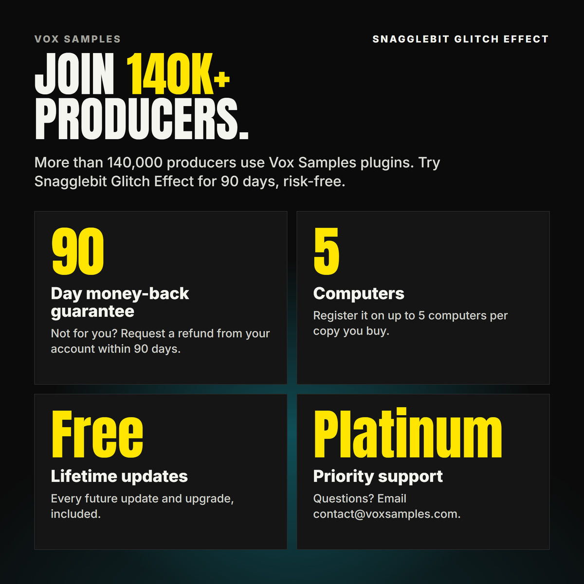 Join 140K+ producers who use Vox Samples plugins. Snagglebit Glitch Effect comes with a 90-day money-back guarantee you claim from your account, registration on up to five of your own computers per copy you buy, free lifetime updates, and Platinum priority support.