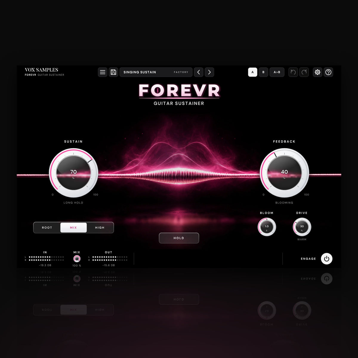 Forevr Guitar Sustainer by Vox Samples, the guitar sustainer plugin: one string across the dark ringing as a glowing magenta standing wave with a bloom of overtones above it, the FOREVR logo, and two big pearl-white knobs, SUSTAIN and FEEDBACK.