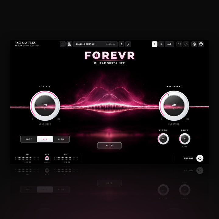 Forevr Guitar Sustainer by Vox Samples, the guitar sustainer plugin: one string across the dark ringing as a glowing magenta standing wave with a bloom of overtones above it, the FOREVR logo, and two big pearl-white knobs, SUSTAIN and FEEDBACK.