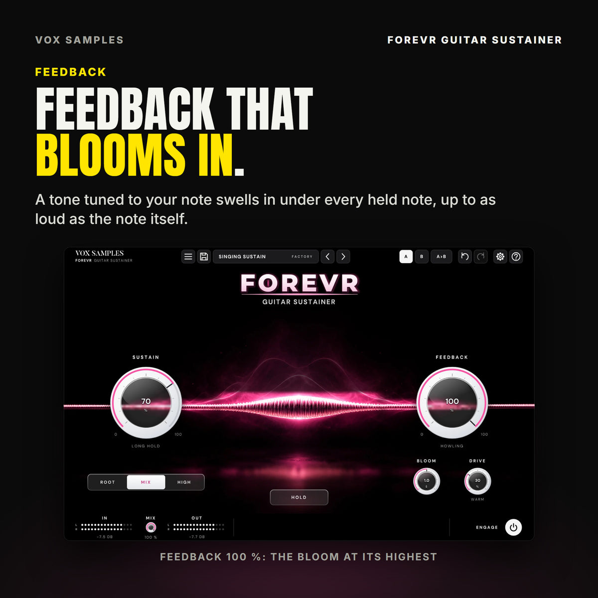 Forevr with FEEDBACK at 100 % on a DI lead: the magenta bloom of overtones rising high above the ringing string.