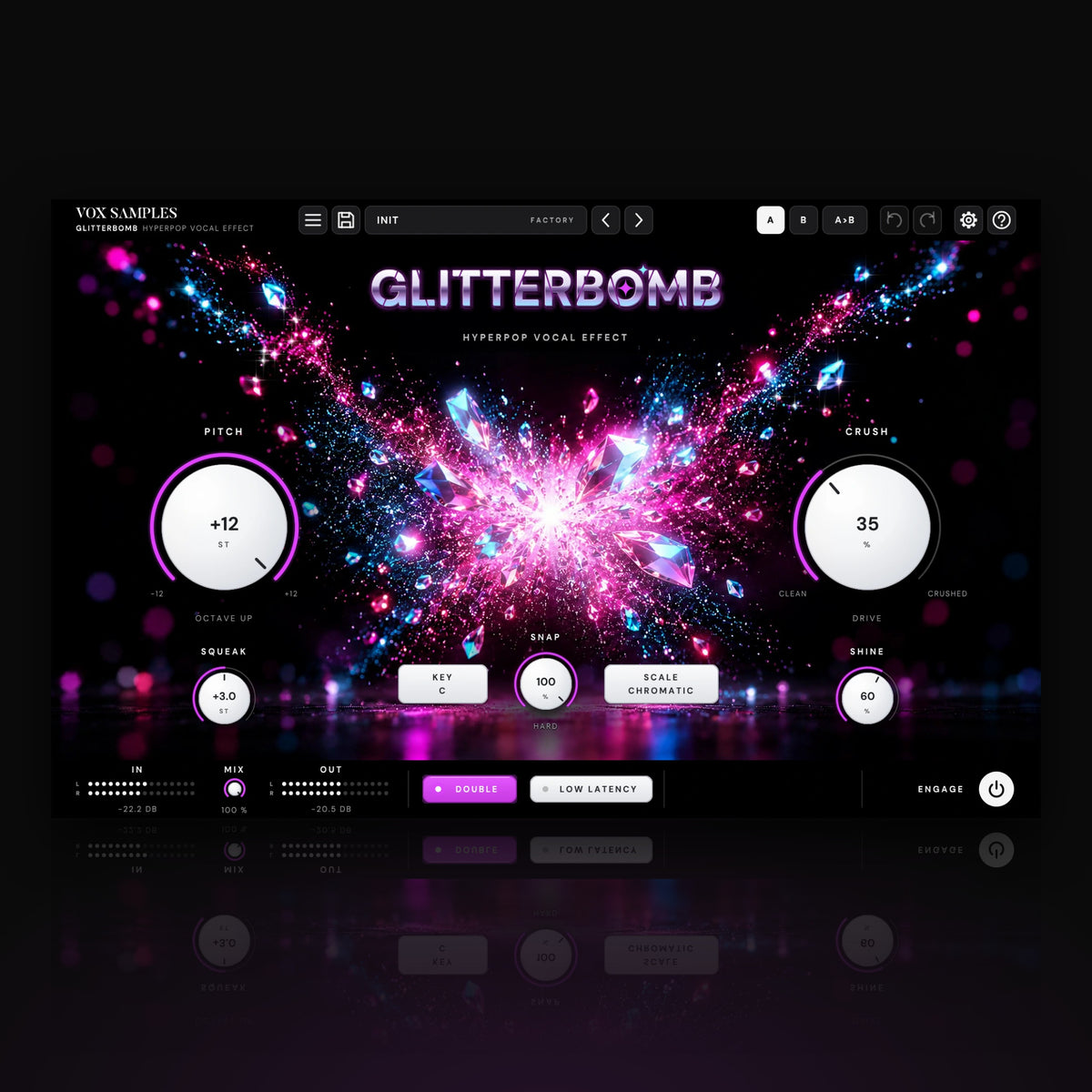 Glitterbomb Hyperpop Vocal Effect by Vox Samples, the hyperpop vocal plugin: an explosion of pink and cyan glitter and chrome shards, the chrome GLITTERBOMB logo, and two big pearl-white knobs, PITCH and CRUSH.