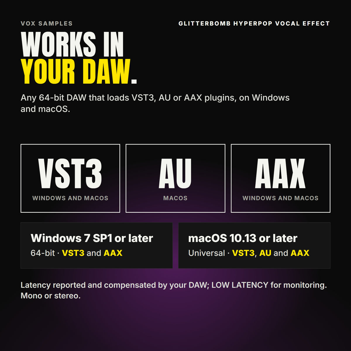 Glitterbomb Hyperpop Vocal Effect formats: VST3, AU and AAX. Windows 7 SP1 or later, 64-bit: VST3 and AAX. macOS 10.13 or later, universal (Intel and ARM): VST3, AU and AAX. Works in any 64-bit DAW that loads VST3, AU or AAX plugins. Latency reported and compensated by your DAW; LOW LATENCY for monitoring. Mono or stereo.