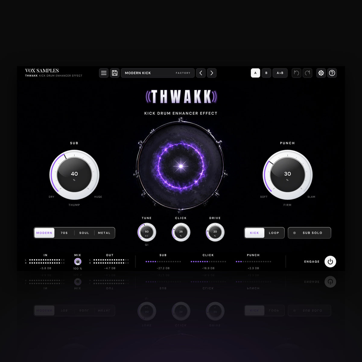 Thwakk Kick Drum Enhancer Effect by Vox Samples, the kick drum enhancer plugin: a bass drum in the dark struck dead centre, a violet shock ring across its head, the THWAKK wordmark, and two big white knobs, SUB and PUNCH.