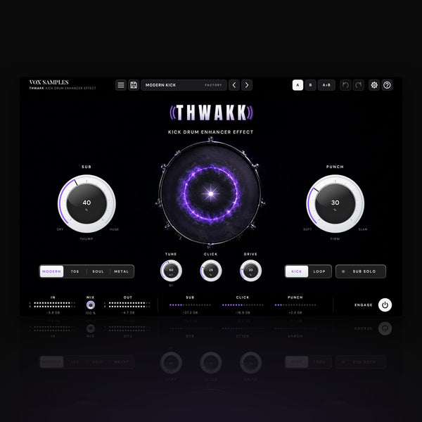 Thwakk Kick Drum Enhancer Effect by Vox Samples, the kick drum enhancer plugin: a bass drum in the dark struck dead centre, a violet shock ring across its head, the THWAKK wordmark, and two big white knobs, SUB and PUNCH.