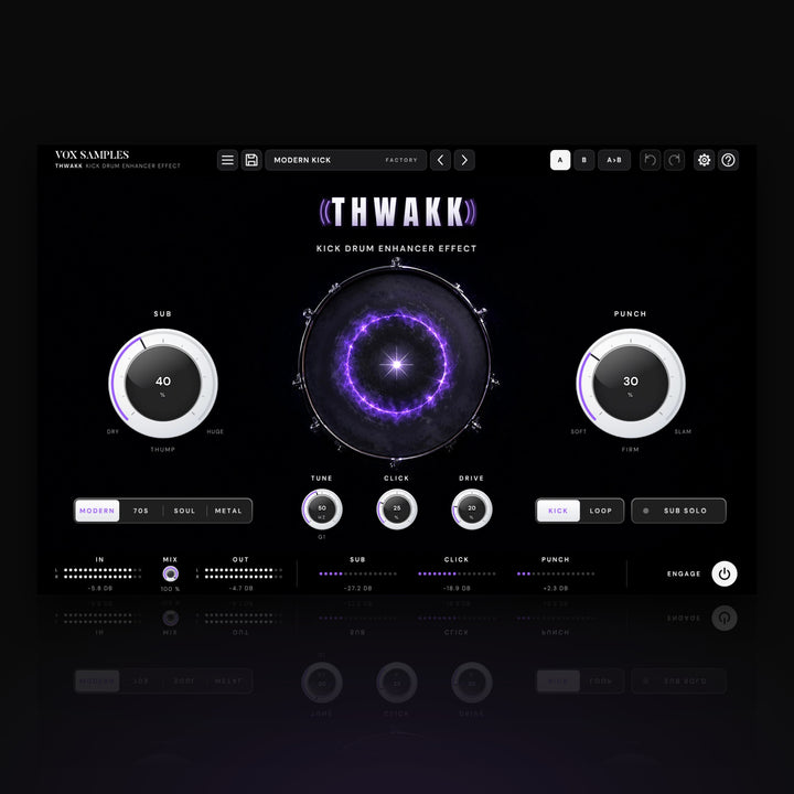 Thwakk Kick Drum Enhancer Effect by Vox Samples, the kick drum enhancer plugin: a bass drum in the dark struck dead centre, a violet shock ring across its head, the THWAKK wordmark, and two big white knobs, SUB and PUNCH.