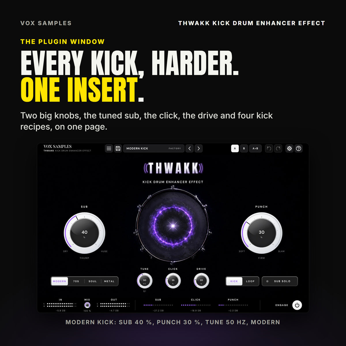 The whole Thwakk Kick Drum Enhancer Effect window on Modern Kick: a bass drum in the dark with a violet shock ring across its head and a white star at its centre, the THWAKK wordmark at the top, the big white SUB knob at 40 % (THUMP) on the left and PUNCH at 30 % (FIRM) on the right, TUNE at 50 HZ (G1), CLICK at 25 % and DRIVE at 20 % under the drum, MODERN and KICK lit, SUB SOLO off, and IN, MIX, OUT, the SUB, CLICK and PUNCH meters and ENGAGE along the bottom.