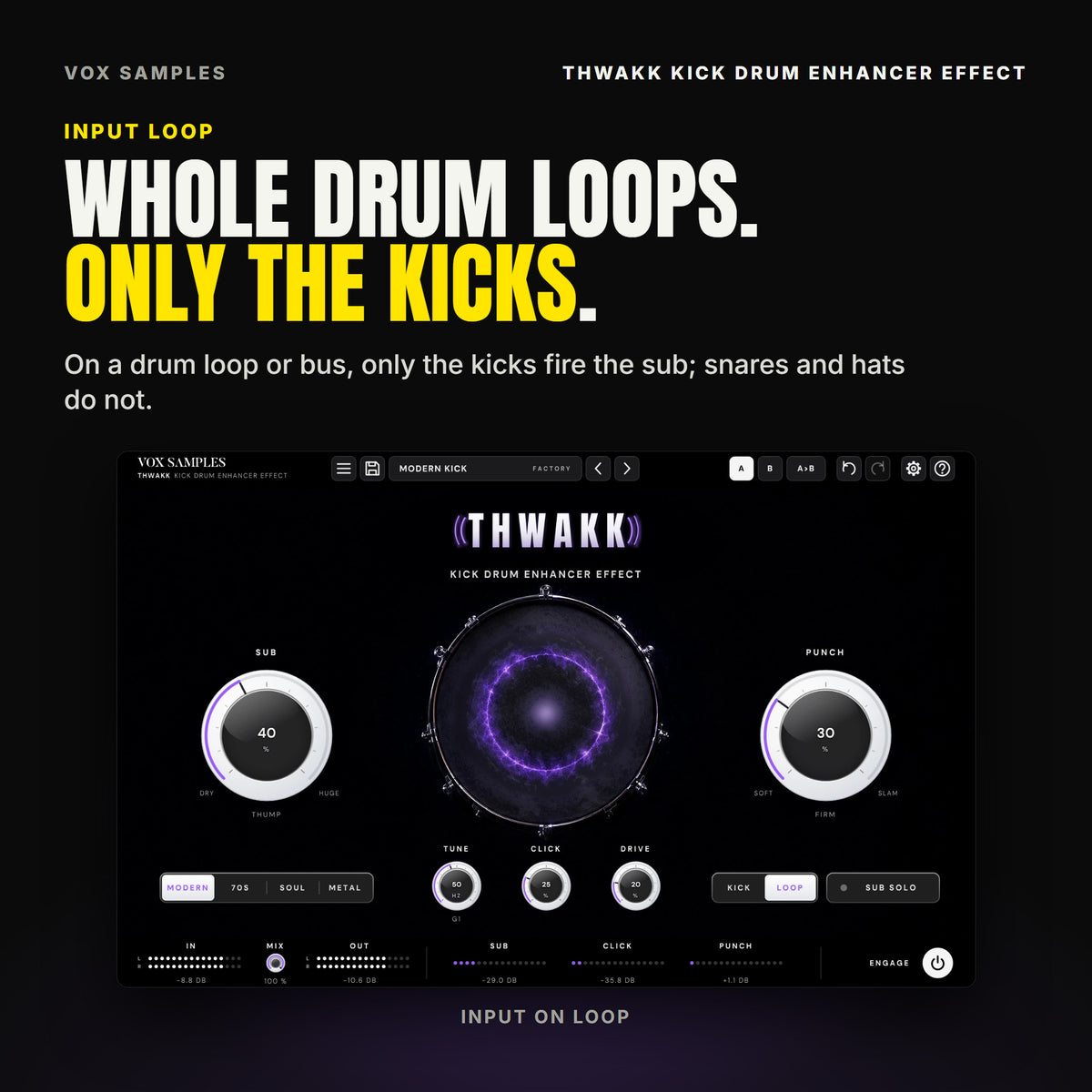 Thwakk with INPUT on LOOP and Modern Kick's other settings: the LOOP key lit beside SUB SOLO, MODERN lit, SUB at 40 % (THUMP), PUNCH at 30 % (FIRM), TUNE at 50 HZ (G1), CLICK at 25 % and DRIVE at 20 %, the violet ring across the drum head and the SUB meter reading -29.0 DB.