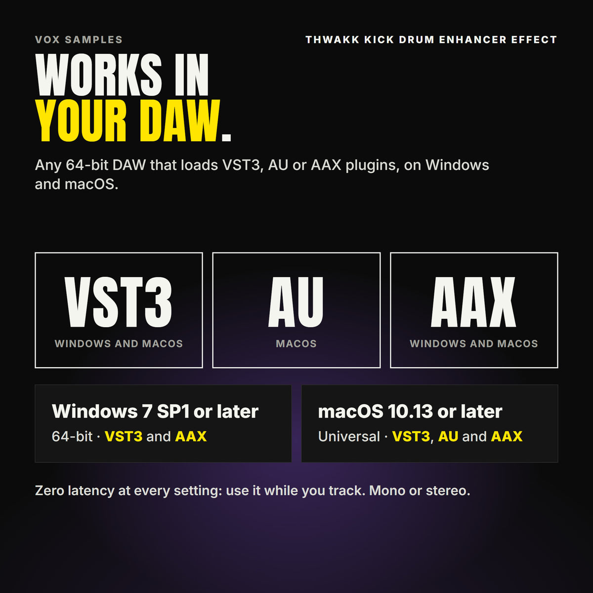 Thwakk Kick Drum Enhancer Effect formats: VST3, AU and AAX. Windows 7 SP1 or later, 64-bit: VST3 and AAX. macOS 10.13 or later, universal (Intel and ARM): VST3, AU and AAX. Works in any 64-bit DAW that loads VST3, AU or AAX plugins. Zero latency at every setting: use it while you track. Mono or stereo.