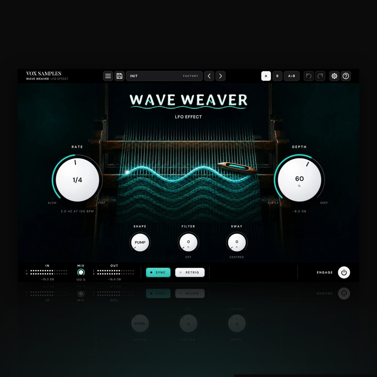 Wave Weaver LFO Effect by Vox Samples, the LFO plugin: a wooden hand loom in a dark room with glowing teal threads and a teal wave woven across it, the WAVE WEAVER logo, and two big pearl-white knobs, RATE and DEPTH.