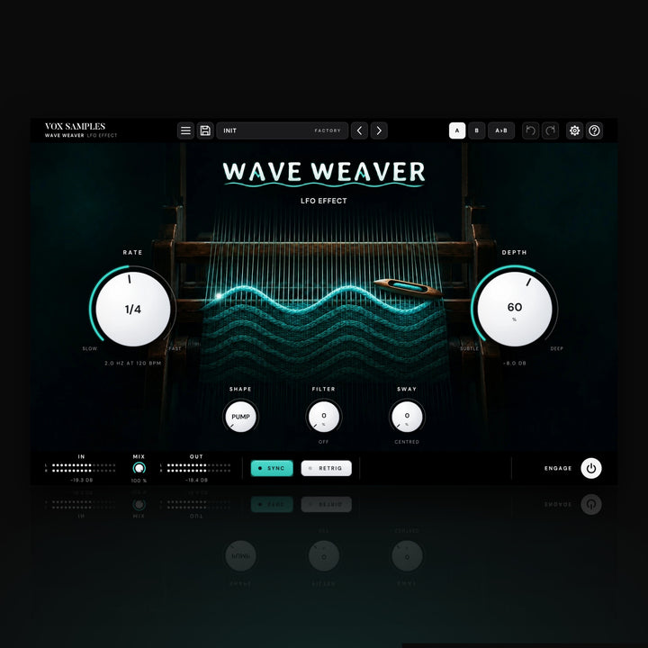Wave Weaver LFO Effect by Vox Samples, the LFO plugin: a wooden hand loom in a dark room with glowing teal threads and a teal wave woven across it, the WAVE WEAVER logo, and two big pearl-white knobs, RATE and DEPTH.