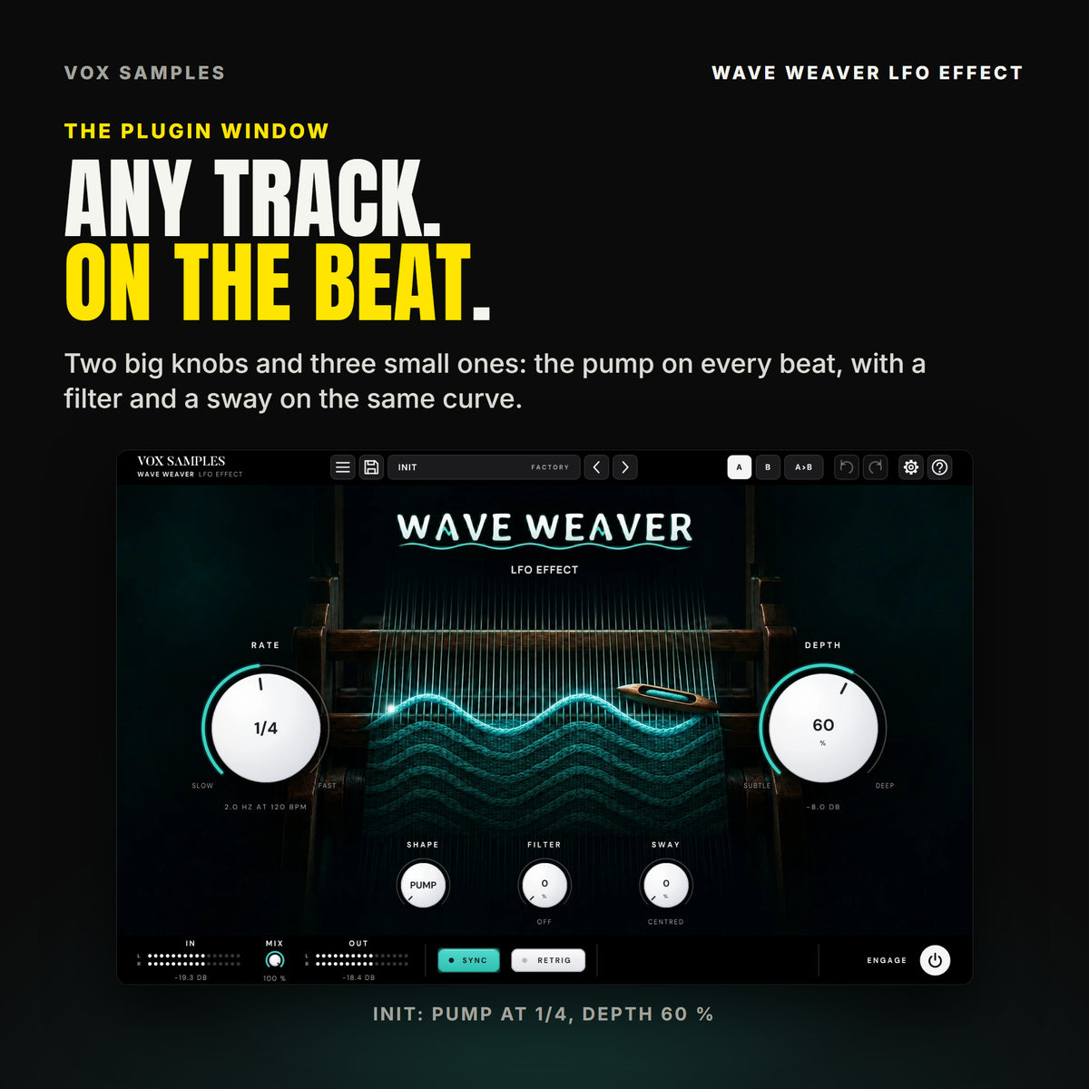 The Wave Weaver LFO Effect window on Init: a wooden hand loom in a dark room with glowing teal threads, a teal wave woven across it and a wooden shuttle; the WAVE WEAVER logo over LFO EFFECT; RATE at 1/4 (2.0 HZ AT 120 BPM) on the left and DEPTH at 60 % (-8.0 DB) on the right; SHAPE on PUMP, FILTER at 0 (OFF) and SWAY at 0 (CENTRED) under the loom; the IN and OUT meters with MIX at 100 %, SYNC lit, RETRIG and ENGAGE along the bottom.