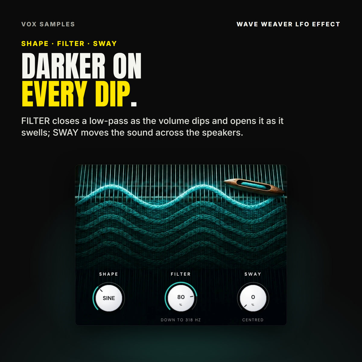 The teal wave woven across Wave Weaver's loom and the three small knobs under it: SHAPE on SINE, FILTER at 80 % reading DOWN TO 318 HZ, and SWAY at 0, reading CENTRED.