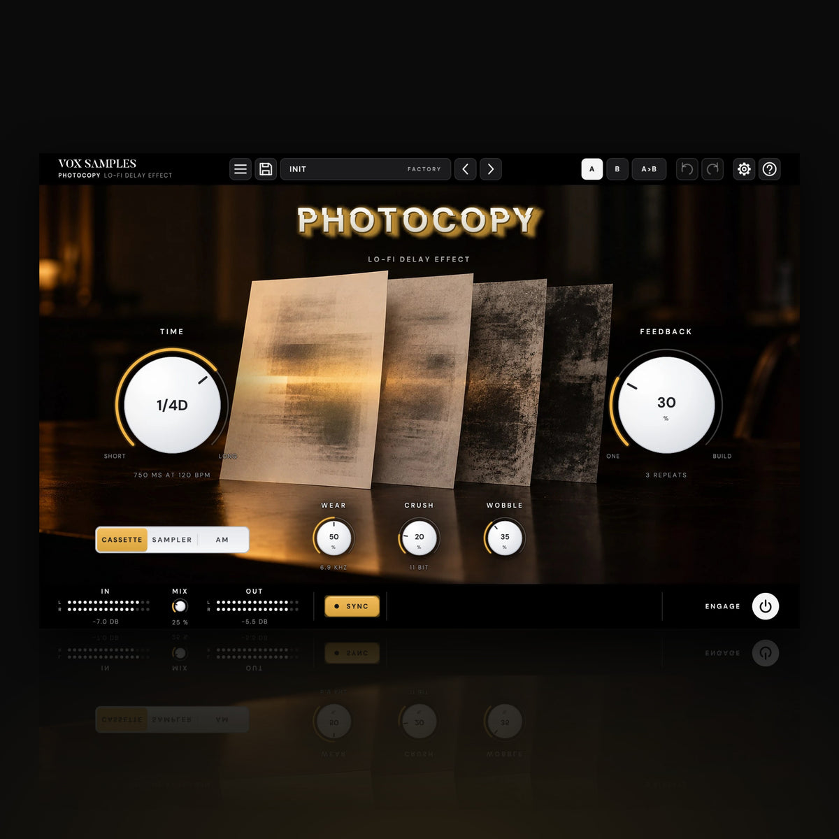 Photocopy Lo-fi Delay Effect by Vox Samples, the lo-fi delay plugin: four paper sheets standing in a row on a dark desk, each a worse copy of the one before, the PHOTOCOPY logo, and two big pearl-white knobs, TIME and FEEDBACK.