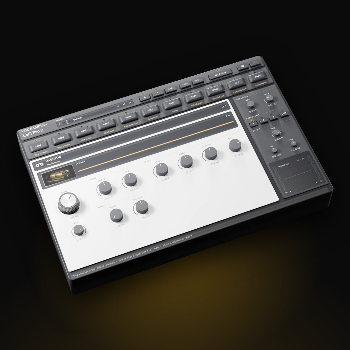 LoFi Pro 2 by Vox Samples, the lo-fi effects rack plugin with 11 modules and 15 Machines, pictured as a black and white desktop unit with its module chain, open module and knobs.