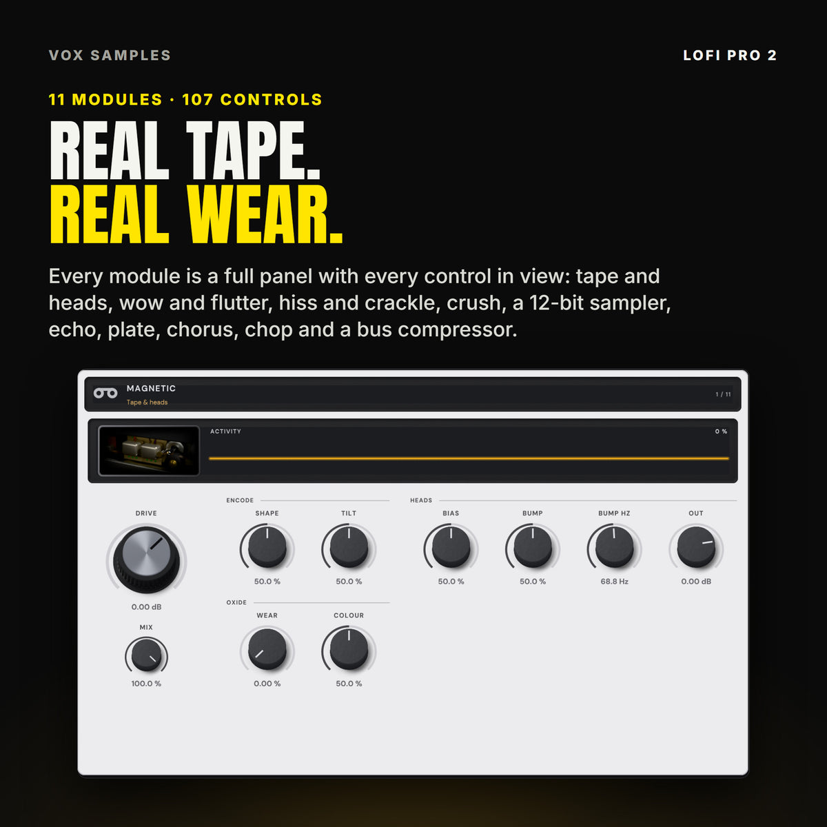 LoFi Pro 2's MAGNETIC module open: its tape picture and activity meter, the big DRIVE knob and MIX, ENCODE with SHAPE and TILT, HEADS with BIAS, BUMP, BUMP HZ and OUT, and OXIDE with WEAR and COLOUR, under the line "Real tape. Real wear."