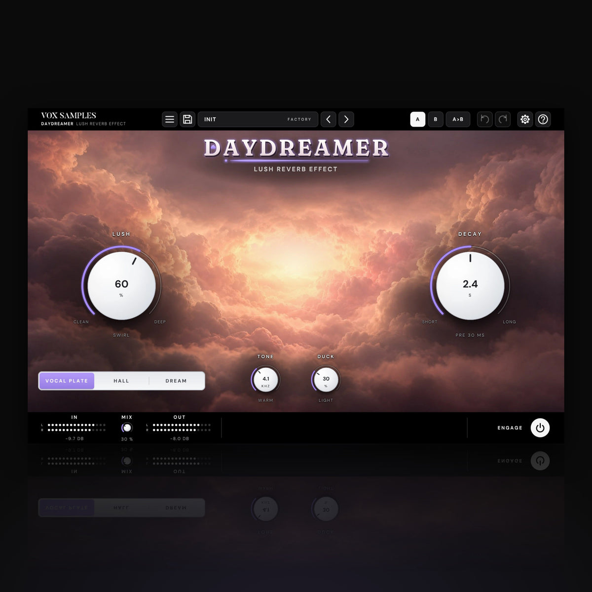 Daydreamer Lush Reverb Effect by Vox Samples, the lush reverb plugin: warm, blush-pink clouds round a glowing opening, the lavender-lit DAYDREAMER wordmark, and two big white knobs, LUSH and DECAY.
