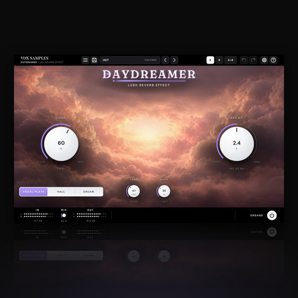 Daydreamer Lush Reverb Effect by Vox Samples, the lush reverb plugin: warm, blush-pink clouds round a glowing opening, the lavender-lit DAYDREAMER wordmark, and two big white knobs, LUSH and DECAY.