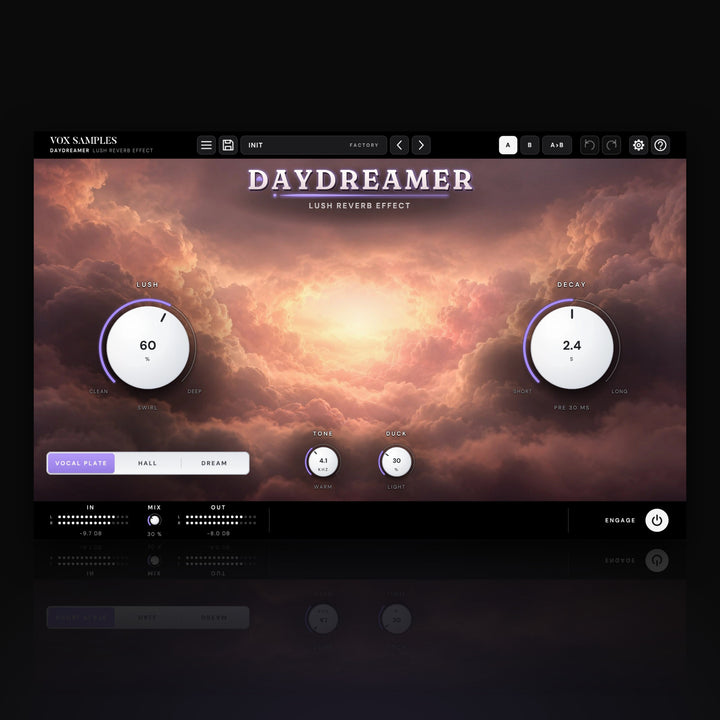 Daydreamer Lush Reverb Effect by Vox Samples, the lush reverb plugin: warm, blush-pink clouds round a glowing opening, the lavender-lit DAYDREAMER wordmark, and two big white knobs, LUSH and DECAY.
