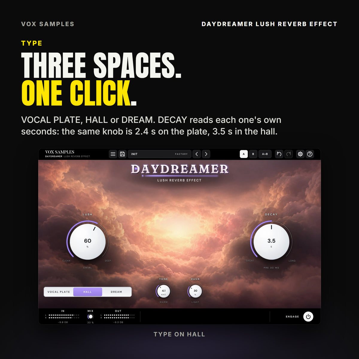 Daydreamer with TYPE on HALL and Init's other settings: the HALL key lit, LUSH at 60 % (SWIRL), DECAY at the same knob position now reading 3.5 S (PRE 30 MS), TONE at 4.1 KHZ and DUCK at 30 %.