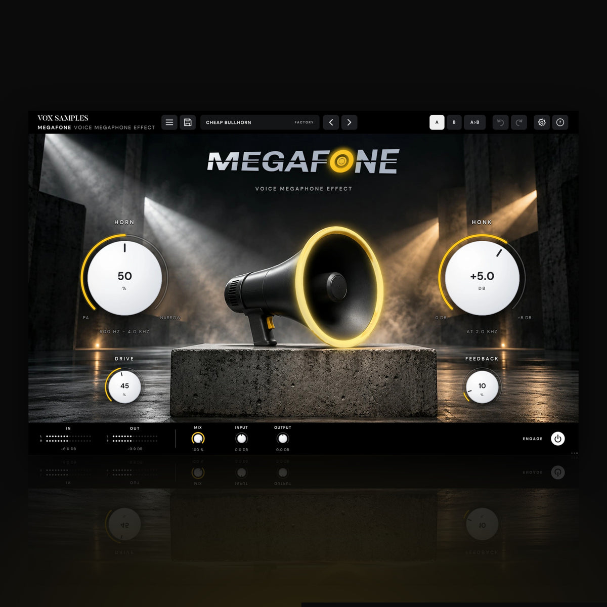 MegaFone Voice Megaphone Effect by Vox Samples, the megaphone plugin: a graphite megaphone with a glowing yellow rim on a concrete plinth, the MEGAFONE logo, and two big pearl knobs, HORN and HONK.