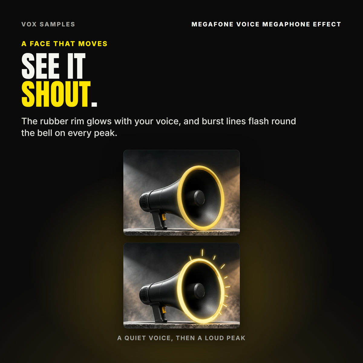 MegaFone's megaphone twice: with a quiet voice its yellow rubber rim glows softly; on a loud peak the rim glows bright and burst lines flash around the bell.